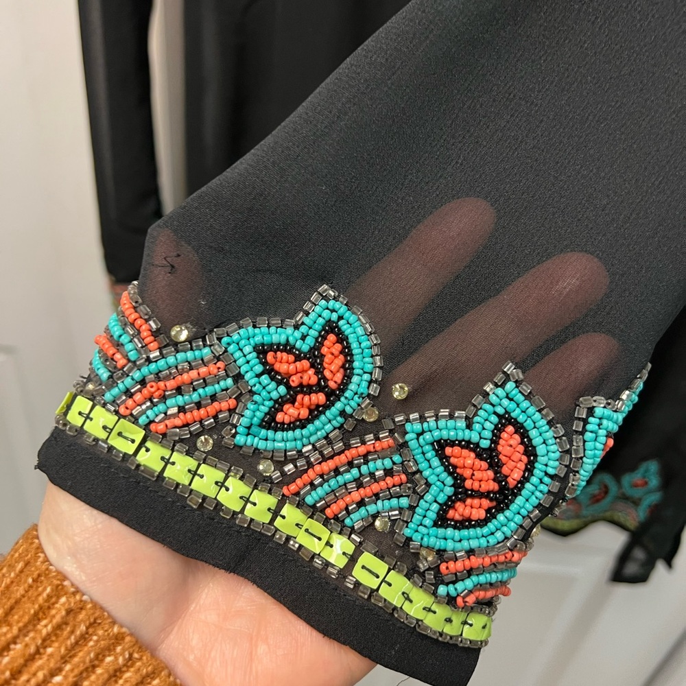 Lucky & Coco Beaded black Coverup/ Tunic Sheer Stunning Colorful Hand Beading - Picture 8 of 12